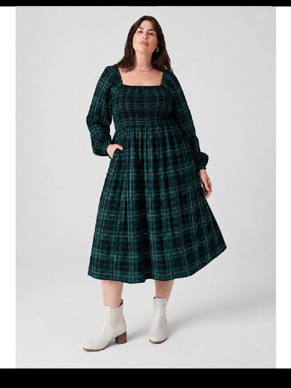 Lane Bryant Green Plaid and Gold Smocked Square-Neck Midi Dress Sz 3X